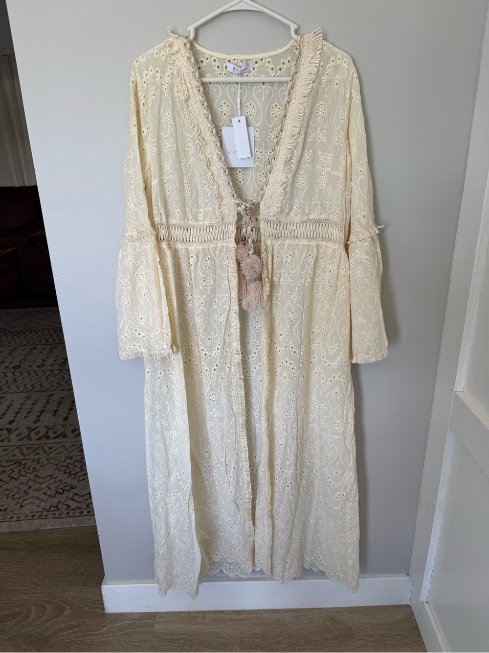 Boho Eyelet Tie-Front Maxi Dress in Cream